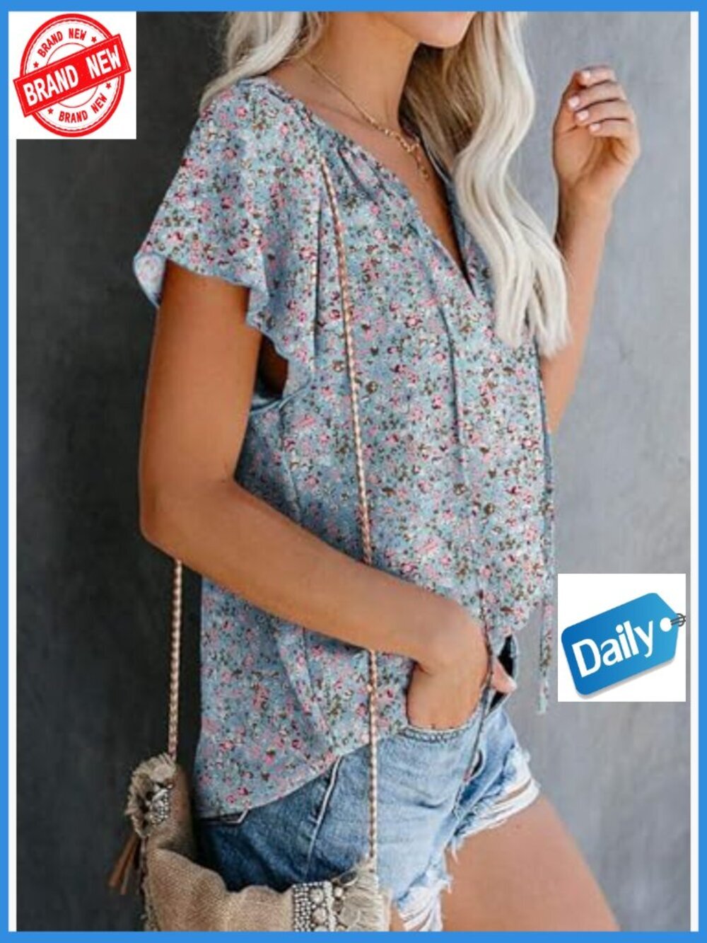 Boho Floral V-Neck Short Sleeve Blouse, Loose Fit, 100% Polyester Chiffon - Picture 4 of 7